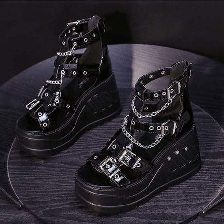 厚底 サンダル 22.5～24.5cm パテントレザー チェーン バックジップ ブーツサンダル 厚底サンダル バックル ゴシック 韓国ファッション レディース DTC-670375806930