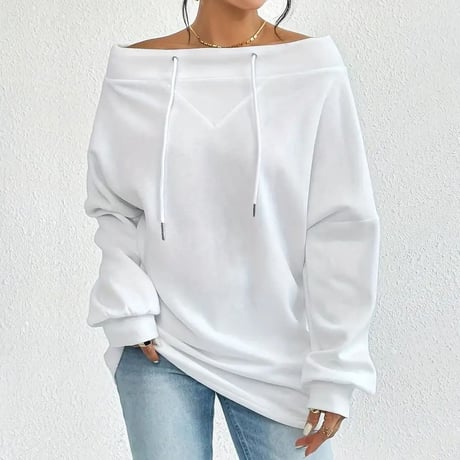 スウェット オフショルダー ドローコード ドロスト 薄手 プルオーバー オフショル トップス トレーナー 長袖 ルーズ レトロ 大人可愛い ガーリー カジュアル DTCA-844549559353
