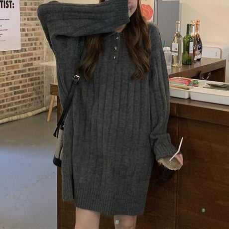 襟付き ニットワンピース ポロニット 厚手 ニット ワンピース ゆったり 韓国ファッション レディース カジュアル 大人可愛い ガーリー DTC-658628360608