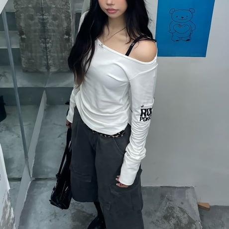 前後2way ロンT ブラッシュプリント オフショルダー カットソー tシャツ トップス スリムフィット タイトフィット レトロ 大人可愛い ガーリー カジュアル DTCA-981680300134