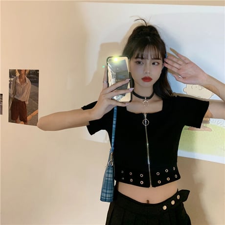 クロップド丈 Tシャツ フロントファスナー ジップアップ トップス ショート丈 スクエアネック 半袖 へそ出し 韓国ファッション レディース カジュアル DTC-674971025180