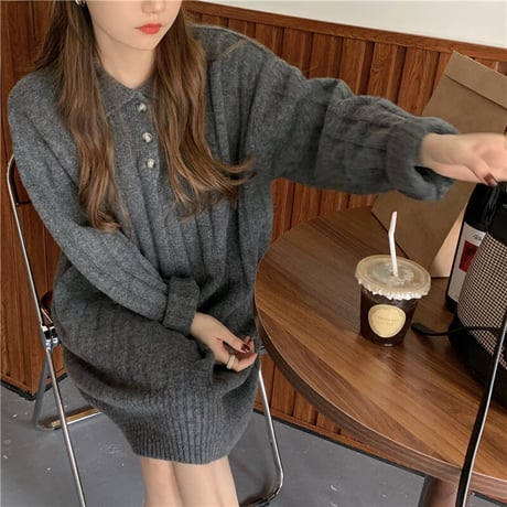 襟付き ニットワンピース ポロニット 厚手 ニット ワンピース ゆったり 韓国ファッション レディース カジュアル 大人可愛い ガーリー DTC-658628360608