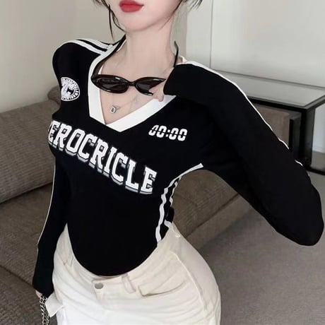 ユニフォーム風 tシャツ クロップド丈 ゲームtシャツ ロンT 袖ライン スリムフィット トップス Vネック 長袖 レトロ カジュアル スポーツミックス DTCA-817363745673