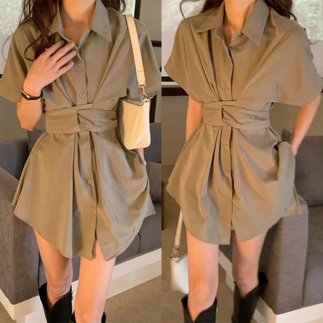 2点セット シャツワンピース ショートパンツ ブラウスワンピース ウエストマーク 半袖 チュニック ハイウエスト 韓国ファッション レディース 大人可愛い ガーリー DTC-675502556597