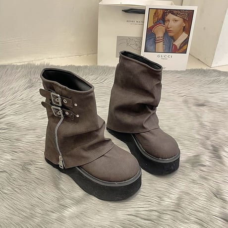 厚底 ショートブーツ 22.5～25.0cm バックル サイドジッパー 厚底ブーツ プラットフォーム ブーツ カジュアル 韓国ファッション レディース DTC-741312023736