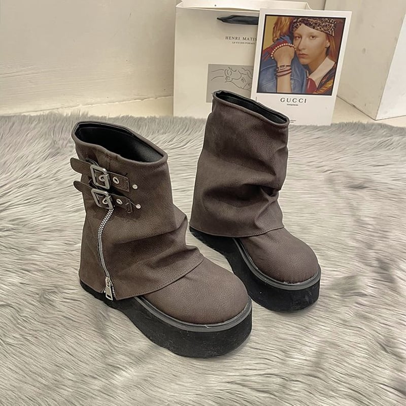 厚底 ショートブーツ 22.5～25.0cm バックル サイドジッパー