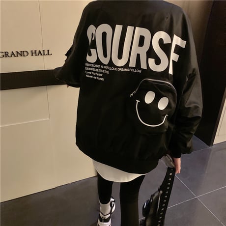 スタジャン スマイル ブルゾン ゆったり アウター 韓国ファッション レディース MA-1 ニコちゃん カジュアル ストリートファッション シンプル DTC-653848718257