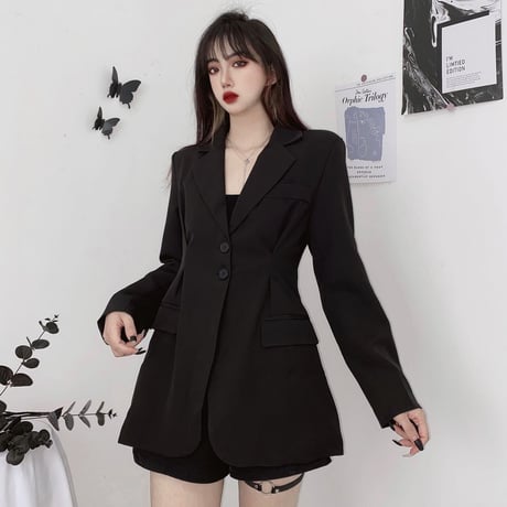 テーラードジャケット ウエストシェイプ ロング丈 韓国ファッション レディース ジャケット ルーズ 長袖 大人可愛い ガーリー DTC-629232843032