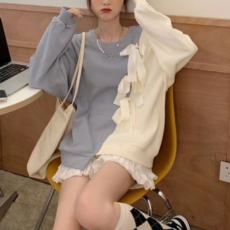 バイカラー リボン トレーナー トップス クルーネック ゆったり 不規則デザイン 長袖 レトロ 韓国ファッション レディース 大人可愛い ガーリー フェミニン DTC-655495373963
