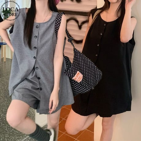 セットアップ 上下セット ロングベスト ショートパンツ 2点セット ルーズ ノースリーブ ハイウエスト レトロ 韓国ファッション レディース 大人可愛い ガーリー DTC-802457712850