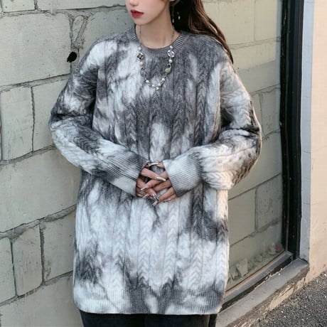 ユニセックス タイダイ柄 ニットセーター ケーブル編み ニット セーター グラデーション 長袖 オーバーサイズ ゆったり カジュアル ストリートファッション DTC-659568030454