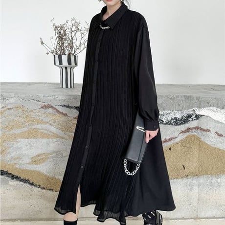 プリーツ シャツワンピース 襟付き ロングワンピース シャツワンピ プリーツワンピース 体型カバー ビッグシャツ ルーズ 長袖 レトロ 大人可愛い ガーリー DTCA-828552000879