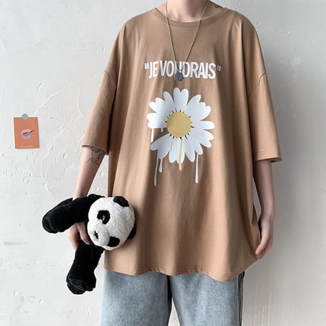 Tシャツ 半袖 メンズ レディース ユニセックス ラウンドネック 英字 フラワー デイジー プリント オーバーサイズ 大きいサイズ ルーズ ストリート TBN-612389429637