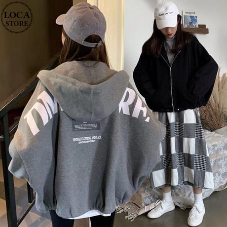 パーカー ジップアップ バックプリント ドルマン ライトアウター 体型カバー トップス ルーズ 長袖 レトロ 大人可愛い ガーリー カジュアル DTCA-673380979302