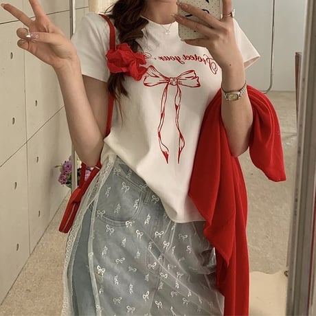 リボンプリント Tシャツ 半袖 クルーネック トップス レタープリント シンプル ルーズ レトロ 大人可愛い ガーリー カジュアル DTCA-775047425133