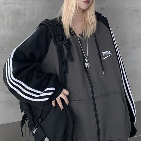 【3カラー】 ユニセックス パーカー ジップアップ バイカラー 裏起毛 ルーズ ライン入り 韓国ファッション メンズ レディース カジュアル ストリート系 DTC-627099735837