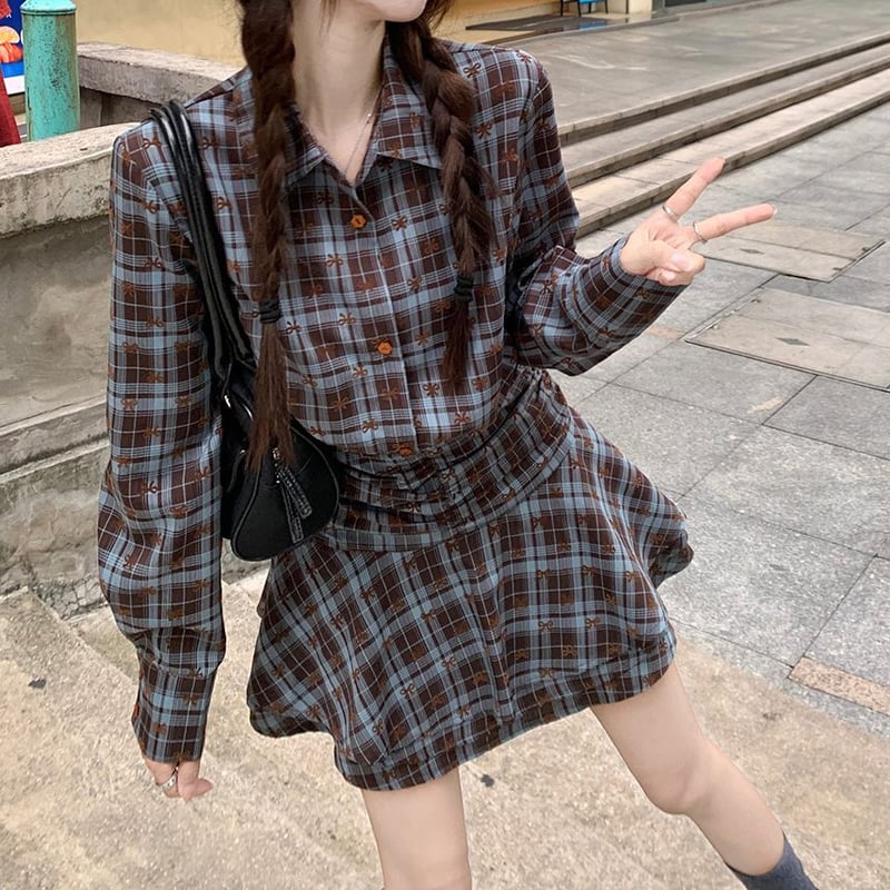 襟付き リボンチェック柄 シャツワンピース ウエストマーク ミニ