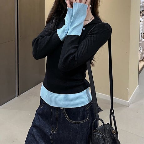 リブニット 配色 カフス バイカラー ニット トップス スリムフィット ニットソー 長袖 レトロ 大人可愛い ガーリー カジュアル DTCA-867144551057