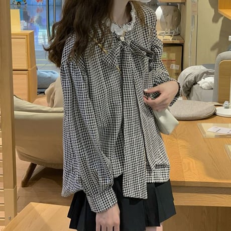 チェック柄 ブラウス ボウタイ リボン ルーズ 長袖 レトロ 韓国ファッション レディース 大人可愛い ガーリー フェミニン DTC-684117876396