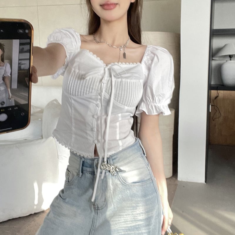 ブラウス リボン レース スクエアネック パフスリーブ ショート丈