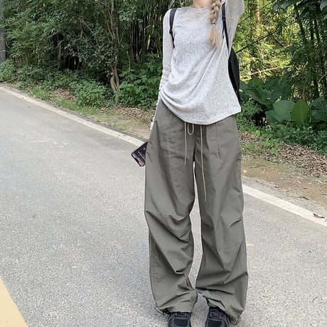 シアートップス パラシュートパンツ シアーTシャツ トップス ワイドパンツ ドローコード 長袖 セットアップ 韓国ファッション レディース 大人可愛い ガーリー DTC-768485999145