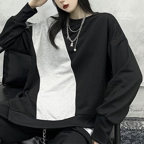 不規則デザイン トレーナー バイカラー プルオーバー 長袖 韓国ファッション レディース 大人可愛い ガーリー カジュアル ストリートファッション DTC-653546613861