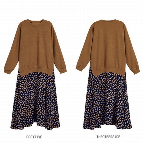 レディース ドッキングワンピース サイドスリット レイヤード風 ニット ロング丈 長袖 フェミニン 韓国ファッション オルチャン (DCT-577605333922)