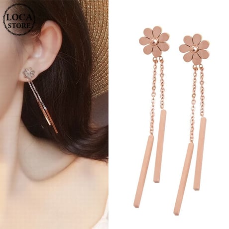 ピアス フラワー 花 チェーン 金属アレルギー対応 スタッドピアス アクセサリー チタンスチール316L DTC-573913280047