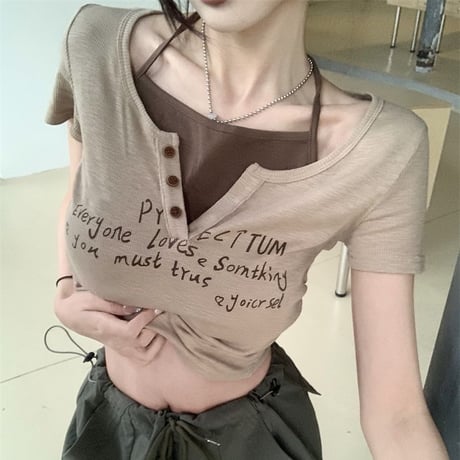 フェイクレイヤード Tシャツ ホルターネック レタープリント ショート丈 トップス 半袖 レトロ 韓国ファッション レディース 大人可愛い ガーリー DTC-782762866387