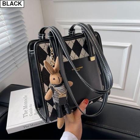 トートバッグ チェック柄 ぬいぐるみ付き ショルダーバッグ 幾何学模様 ミニバッグ スクエアバッグ 肩掛け かわいい レトロ 韓国ファッション レディース DTC-660693632397