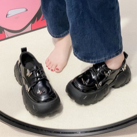 厚底 シューズ 22.5～25.0cm バタフライ レースアップ PU カジュアル 靴 かわいい おしゃれ フェミニン 韓国ファッション レディース DTC-696088716051