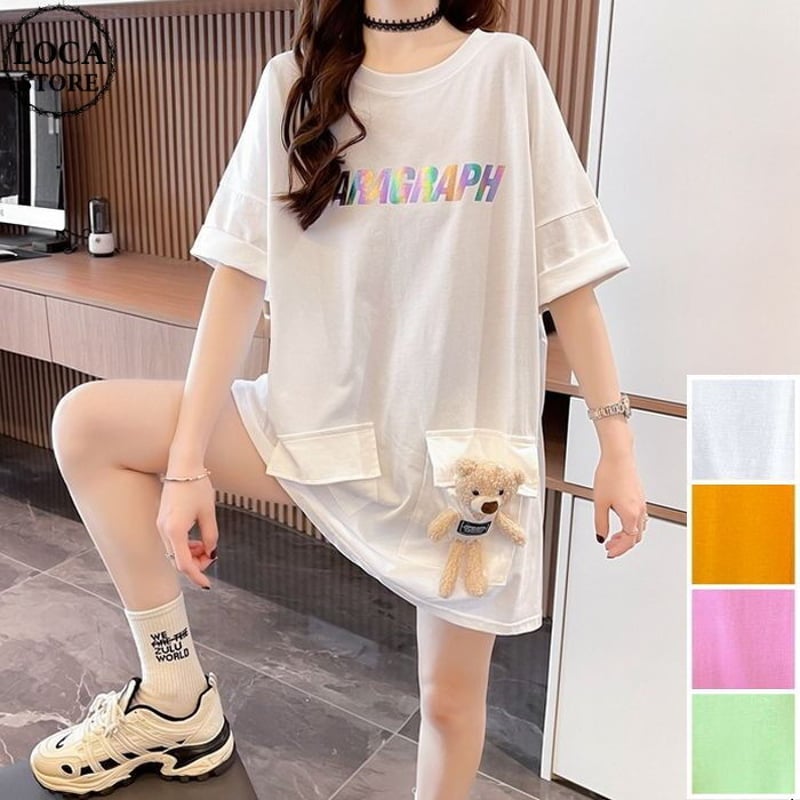 新品☆6L♪全部かわいい♪6枚まとめて♪半袖Tシャツ・チュニック♪〇L264 クマのぬいぐるみ付き Tシャツ ダブルポケット 幾何学 チュニック