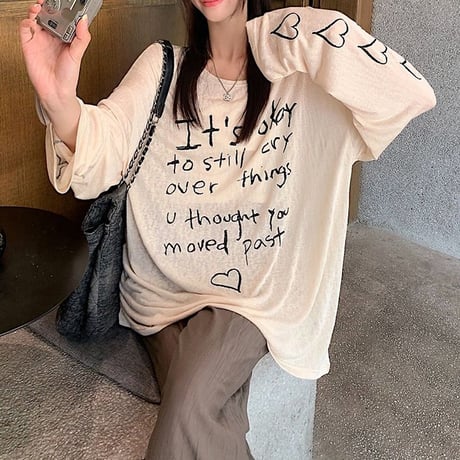 シアー Tシャツ 薄手 袖プリント ルーズ ゆったり 長袖 レトロ 韓国ファッション レディース 大人可愛い ガーリー カジュアル DTC-722267209615