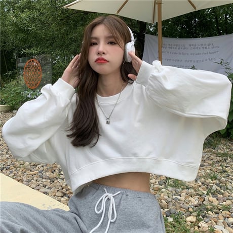 クロップド丈 トレーナー 薄手 ドロップショルダー ゆったり プルオーバー 長袖 ショート丈 レトロ 韓国ファッション レディース 大人可愛い ガーリー カジュアル DTC-656440978189