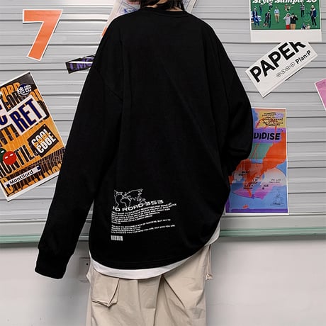ユニセックス Tシャツ 長袖 韓国ファッション メンズ レディース ラウンドネック シンプル 英字 プリント オーバーサイズ 大きいサイズ ルーズ ストリート DTC-624323933048