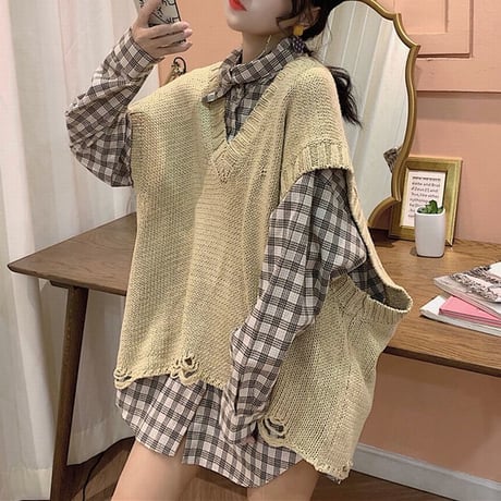 セットアップ チェック柄シャツ ダメージ加工 ニットベスト ルーズ ニット 秋 冬 韓国ファッション レディース ガーリー (DTC-601823900318_003)