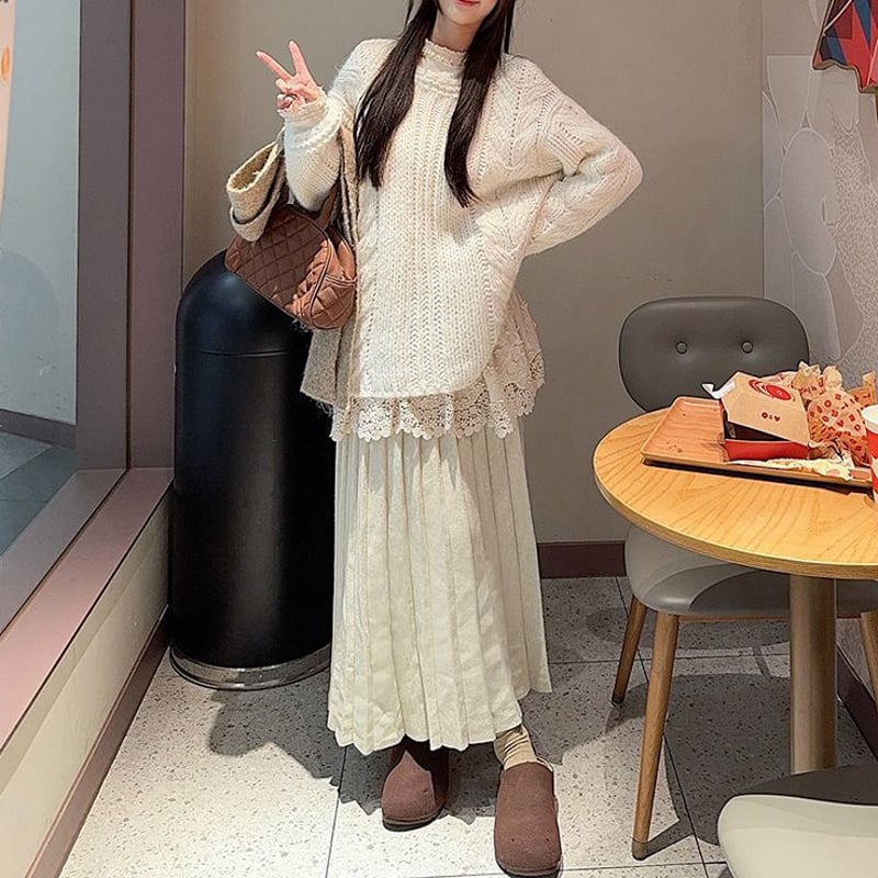 セットアップ 3点セット ニット セーター ケーブル編み レースインナー