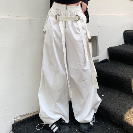 パラシュートパンツ ストラップ ワイドパンツ ストレート パンツ ボトムス ルーズ ハイウエスト レトロ 韓国ファッション レディース 大人可愛い ガーリー DTC-774308250519