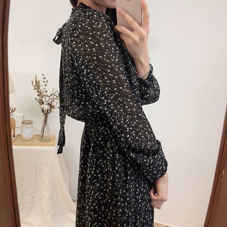 レディース Vネック 花柄 シフォン ロングワンピース レトロ 長袖 花柄 フェミニン 韓国ファッション オルチャン (DCT-585296164758)