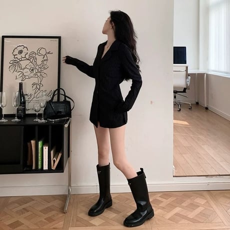 ストライプ柄 シャツ Vネック ブラウス トップス ウエストシェイプ シンプル 前開き ボタン スリムフィット 長袖 レトロ 大人可愛い ガーリー DTCA-758534668604