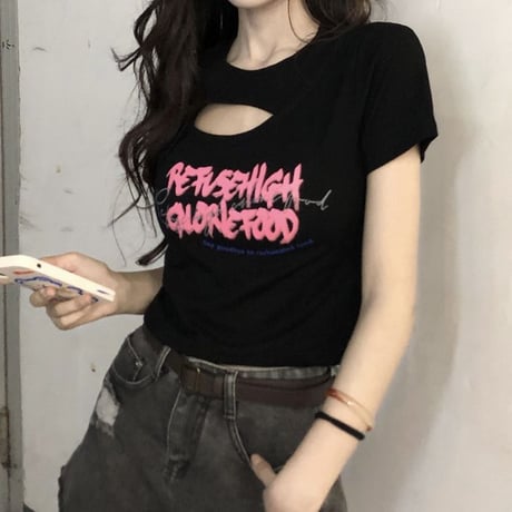 Tシャツ 胸開き クロップド丈 半袖 ショート丈 クロップドTシャツ 半袖Tシャツ 韓国ファッション レディース 大人可愛い ガーリー カジュアル DTC-678892552100