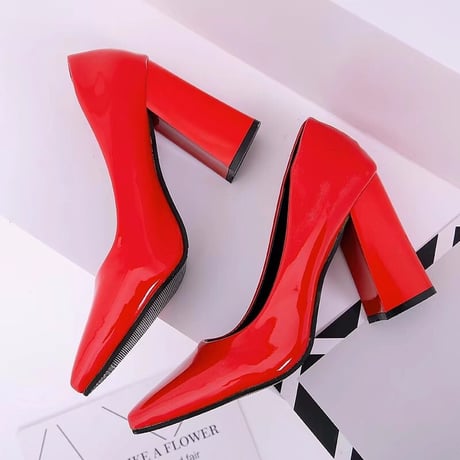 パテントレザー パンプス チャンキーヒール 9cm 韓国ファッション レディース シンプル ポインテッドトゥ ローヒール シューズ キュート 痛くない かわいい 歩きやすい 563485182951