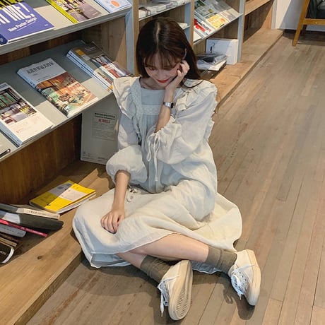 ワンピース フリル 長袖 スクエアネック 韓国ファッション レディース ミドル丈 ゆったりウエスト Aラインスカート レトロ 大人可愛い ガーリー DTC-601626088666