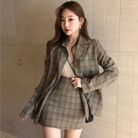 セットアップ チェック柄 テーラードジャケット ＋ スカート韓国ファッション セット レディース ハイウエスト 大人可愛い レトロ ガーリー DTC-602687382914