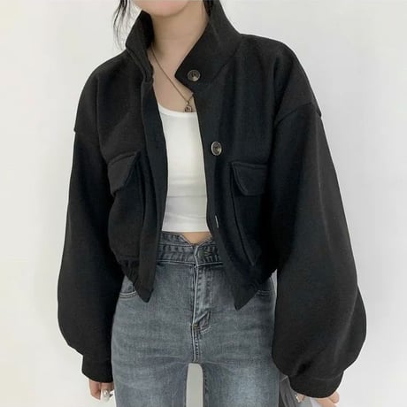 ブルゾン ジャケット アウター ショート丈 ウールタッチ 立ち襟 スタンドカラー ゆったり ルーズ レトロ 大人可愛い ガーリー カジュアル DTCA-747100073929