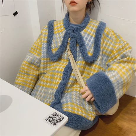 ボアブルゾン チェック柄 大きい襟 韓国ファッション レディース ジャケット ショートコート ボア ボアジャケット ガーリー (DTC-608932491876)