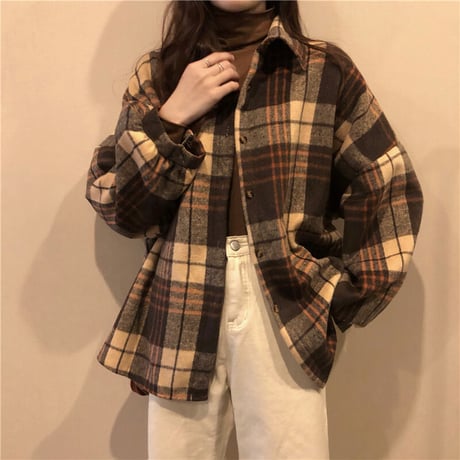 裏起毛 チェック柄 シャツ ジャケット アウター 厚手 暖かい チェックシャツ 長袖 ゆったり 韓国ファッション レディース 大人可愛い カジュアル レトロ DTC-658447529229