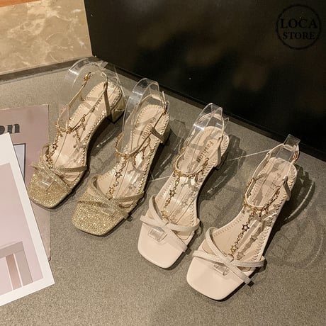 サンダル ラインストーン クロスストラップ 5cm チャンキーヒール スクエアトゥ 韓国ファッション レディース アンクルストラップ パンプス 597321753157