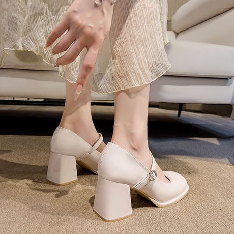 メリージェーンパンプス 22.0～24.5cm パテントレザー チャンキーヒール 太ヒール 7.5cm パンプス ラウンドトゥ 韓国ファッション レディース DTCA-821831991229