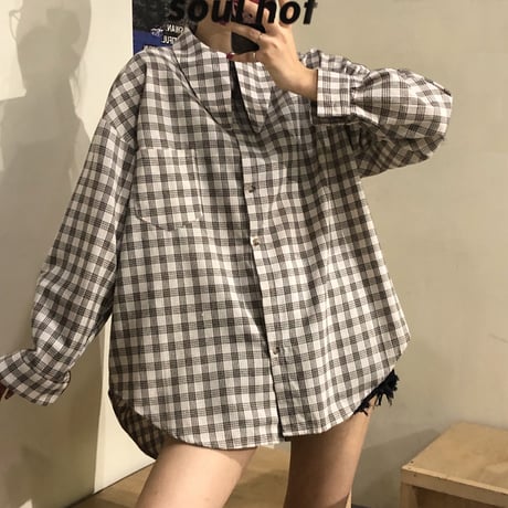 セットアップ チェック柄シャツ ダメージ加工 ニットベスト ルーズ ニット 秋 冬 韓国ファッション レディース ガーリー (DTC-601823900318_003)